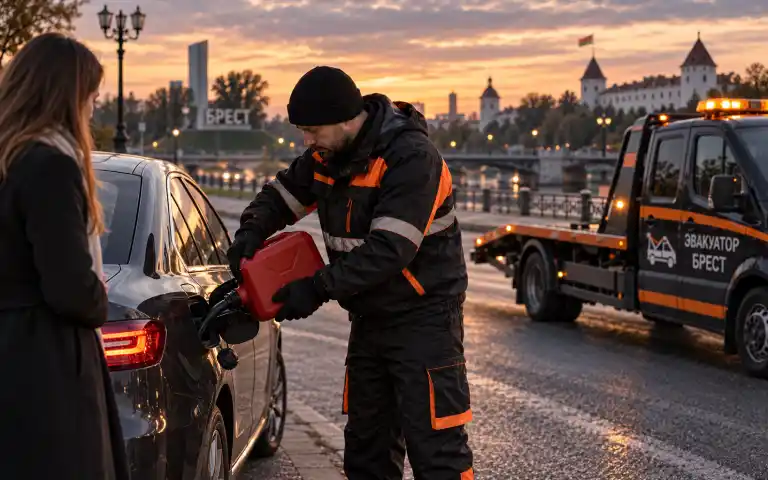 Подвоз топлива автомобилю на дороге в Бресте
