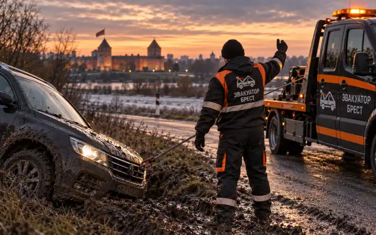 Вытаскивание автомобиля из кювета в Бресте
