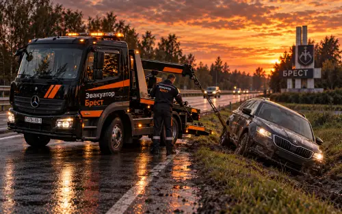 Эвакуатор достаёт автомобиль из кювета в Бресте